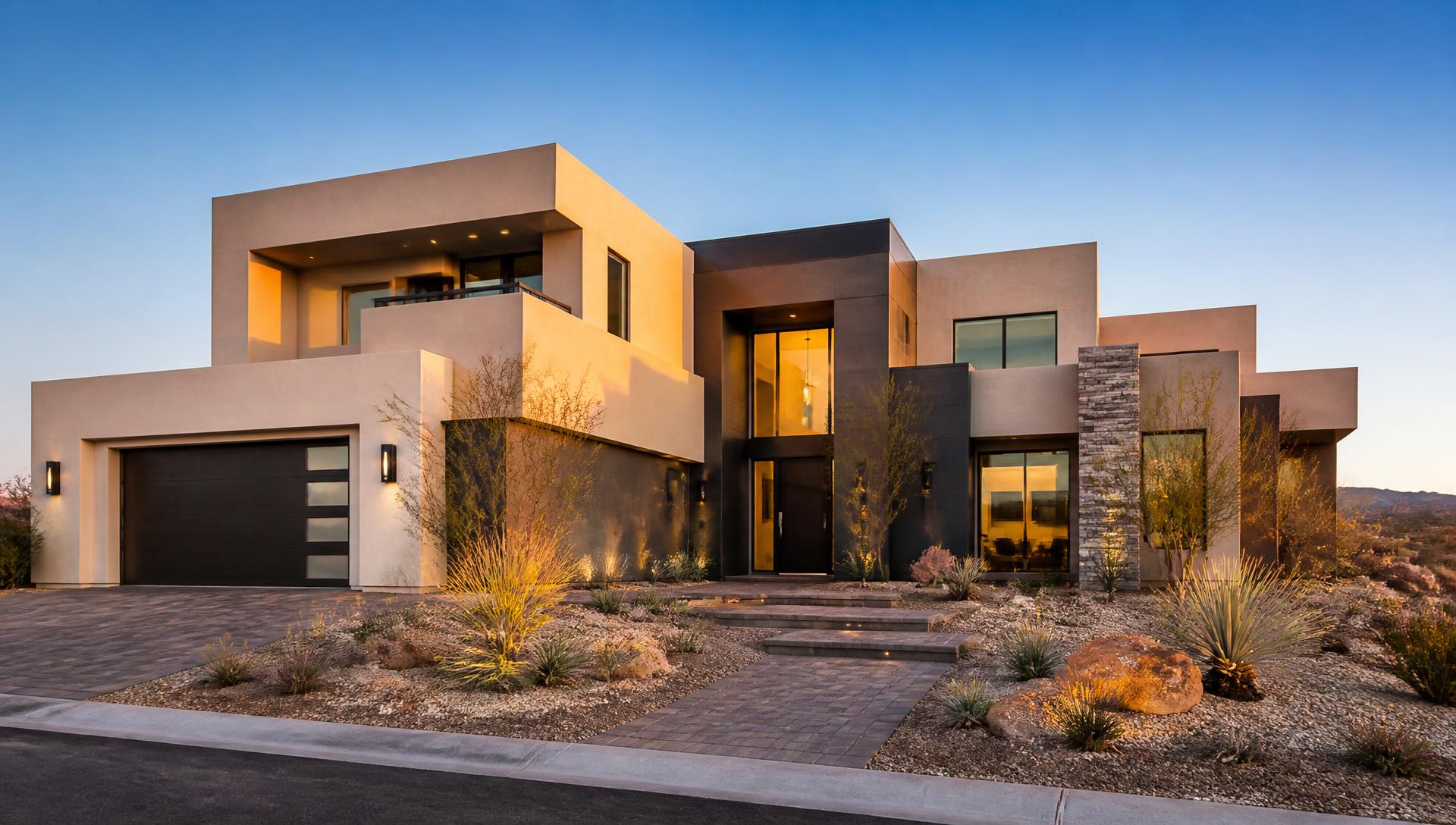 Modern Berg Builders home at golden hour in Southern Nevada